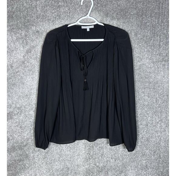 Daniel Rainn Top Womens Size XS Black‎ Plisse Chiffon Semi Sheer Tassel Keyhole - Picture 1 of 8